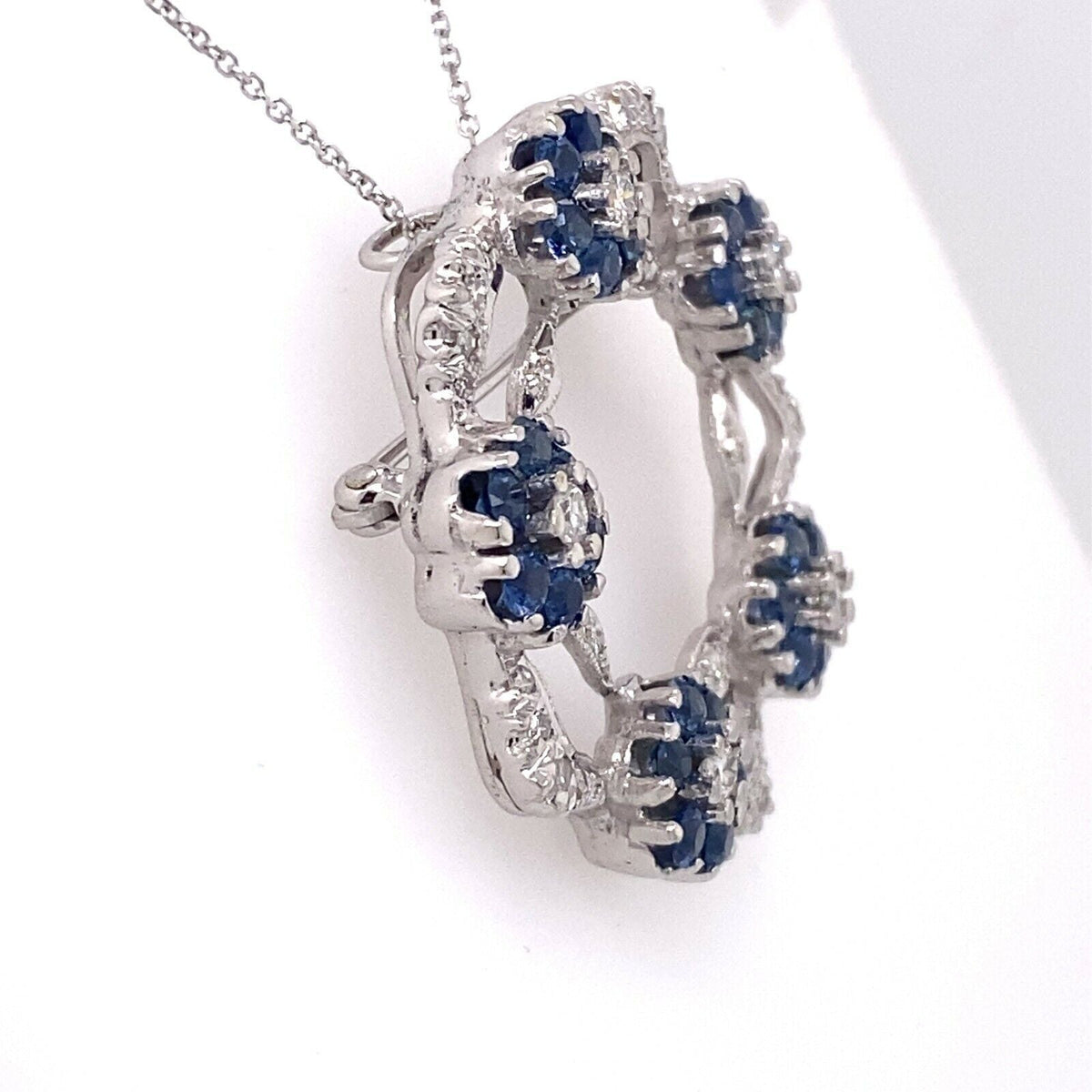 14k White Gold 1.50 CT Diamond & Sapphire Pendant / Brooch, 11.2g