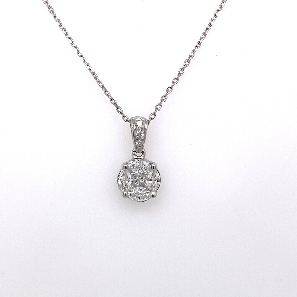 18k White Gold 1.00 CT Diamond Cluster Pendant, 2.4g, 16"