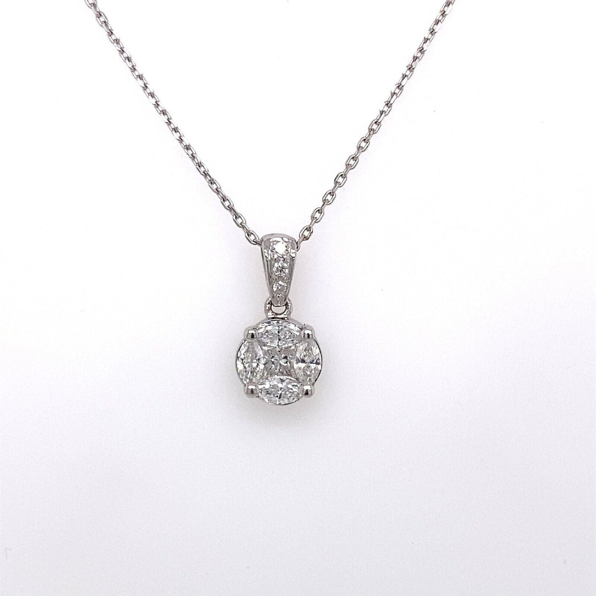 18k White Gold 1.00 CT Diamond Cluster Pendant, 2.4g, 16"