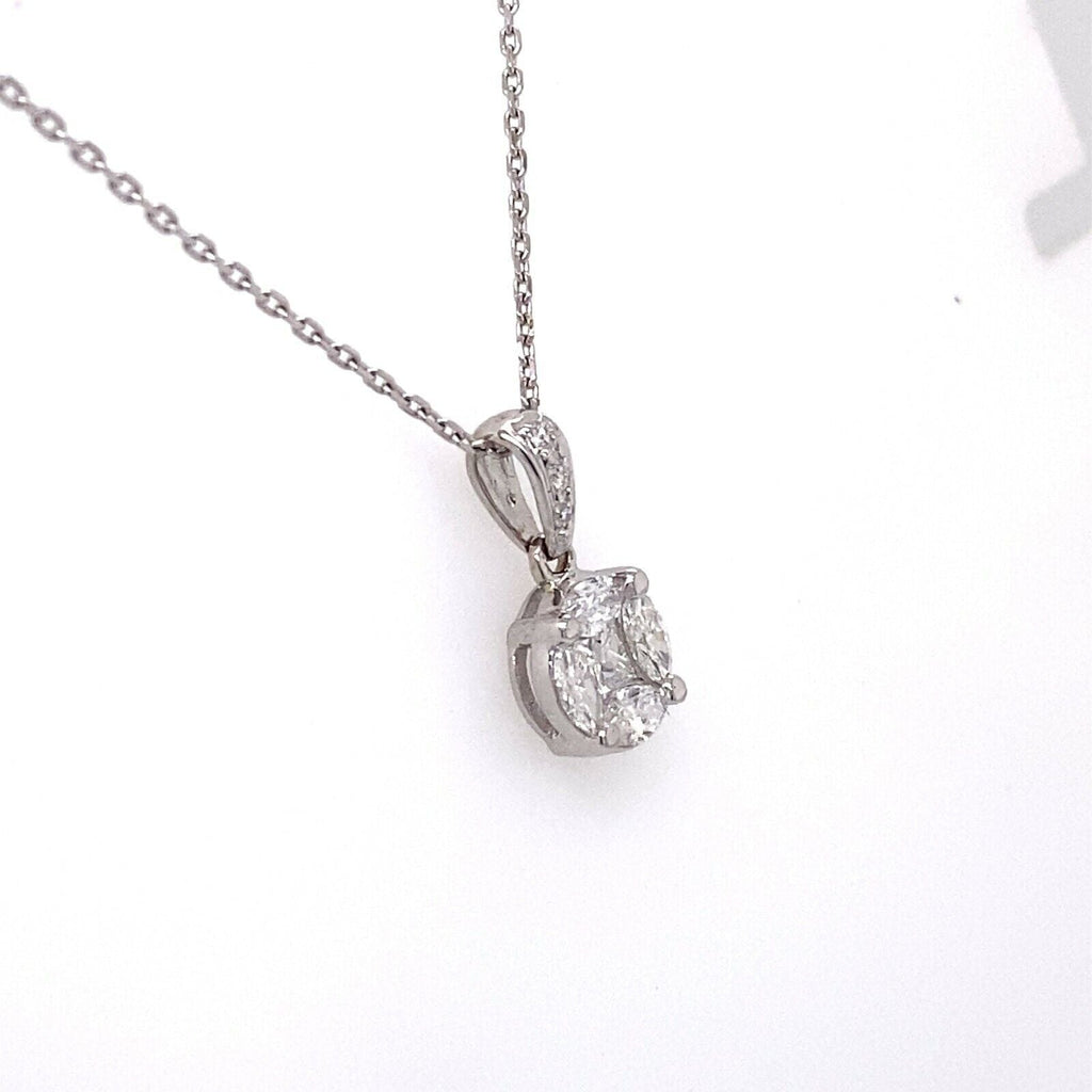 18k White Gold 1.00 CT Diamond Cluster Pendant, 2.4g, 16"
