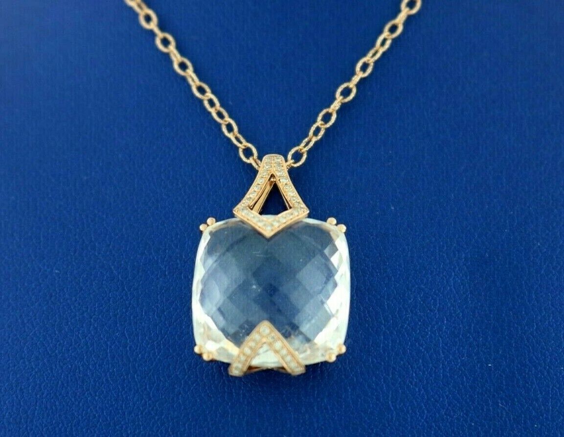 14k Rose Gold 18.00 CT White Topaz & Diamond Pendant Necklace, 8.1gm,