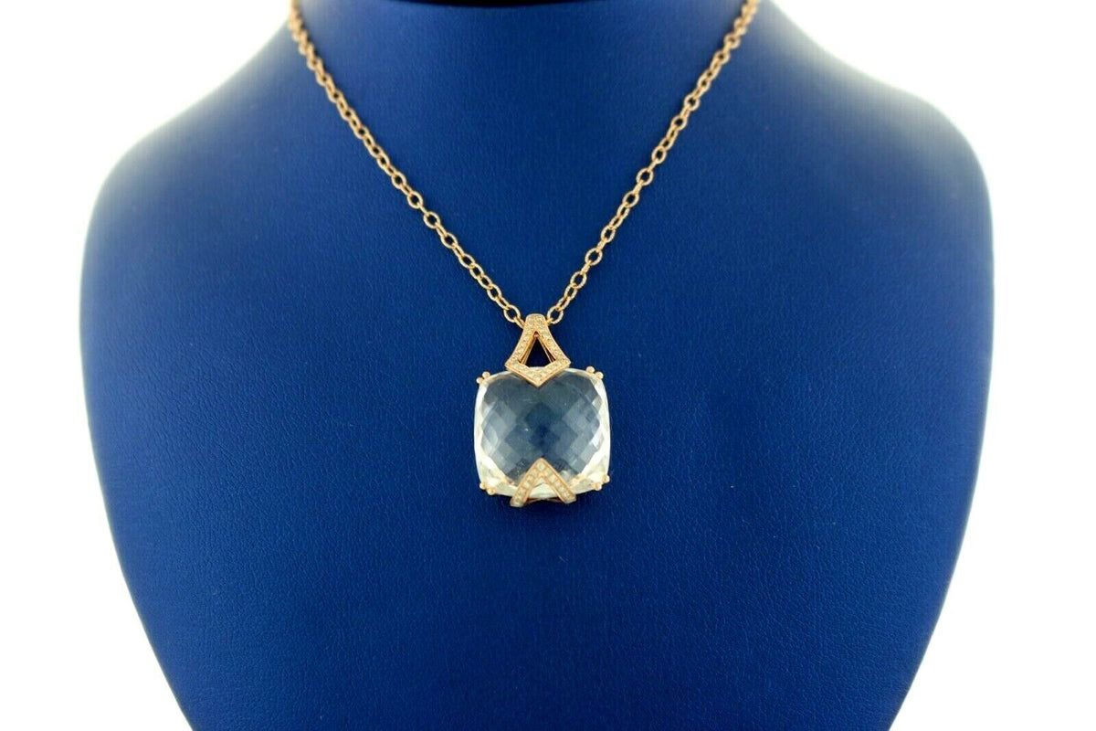 14k Rose Gold 18.00 CT White Topaz & Diamond Pendant Necklace, 8.1gm,