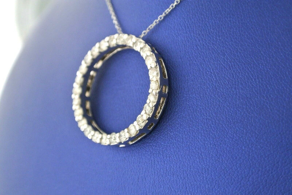 14k White Gold 1.00 Ct Diamond Circle Pendant Necklace, 6.5gm, 16-18"