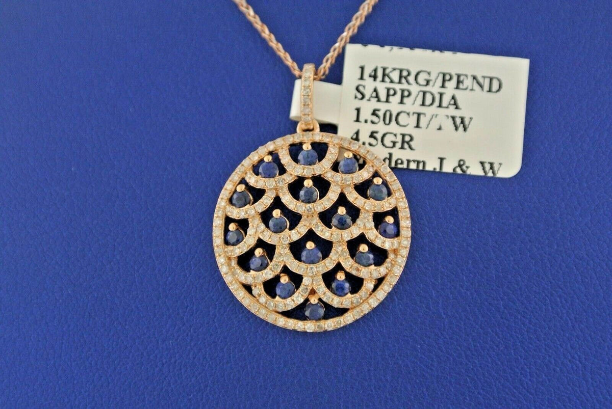 14k Rose Gold 1.50 CT Sapphire & Diamond Pendant Necklace, 4.5gm, 16"