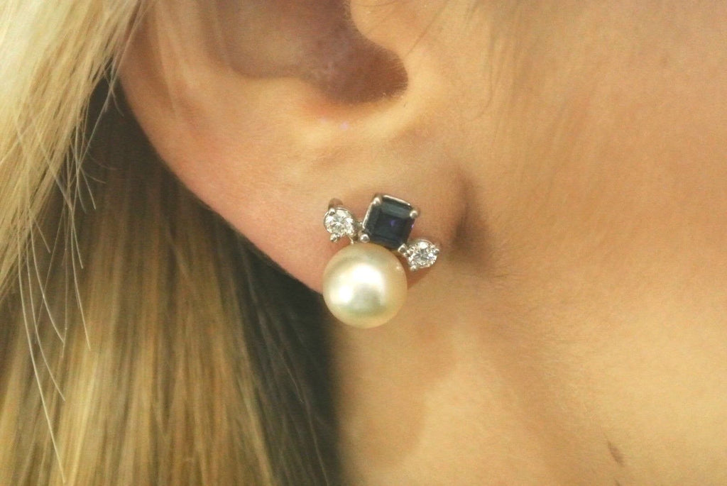 14k White Gold Akoya white Pearl, Sapphire, & Diamond Stud Earrings