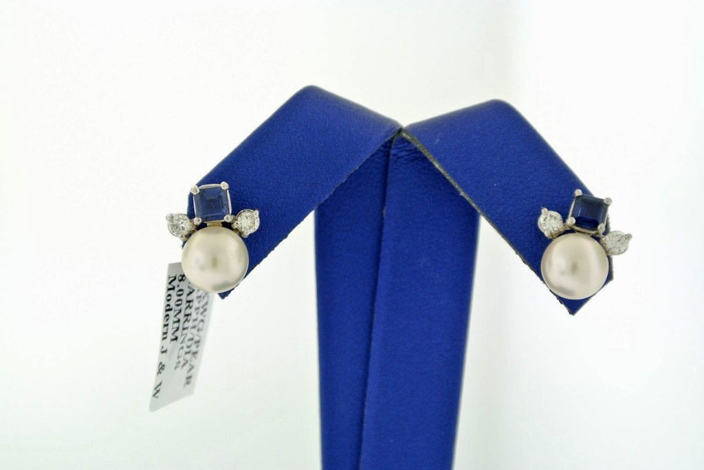 14k White Gold Akoya white Pearl, Sapphire, & Diamond Stud Earrings