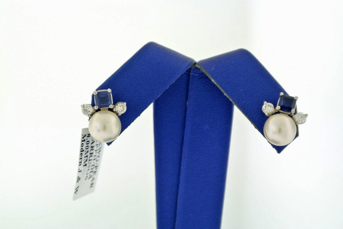 14k White Gold Akoya white Pearl, Sapphire, & Diamond Stud Earrings