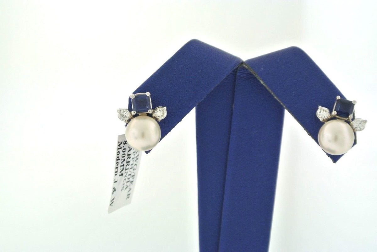 14k White Gold Akoya white Pearl, Sapphire, & Diamond Stud Earrings