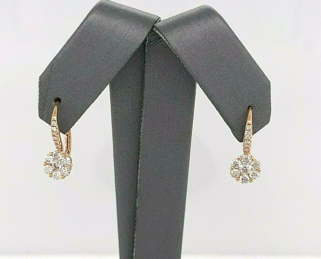 18k Rose Gold 1.00 CT Diamond Cluster Drop Style Earrings, 1.8gm