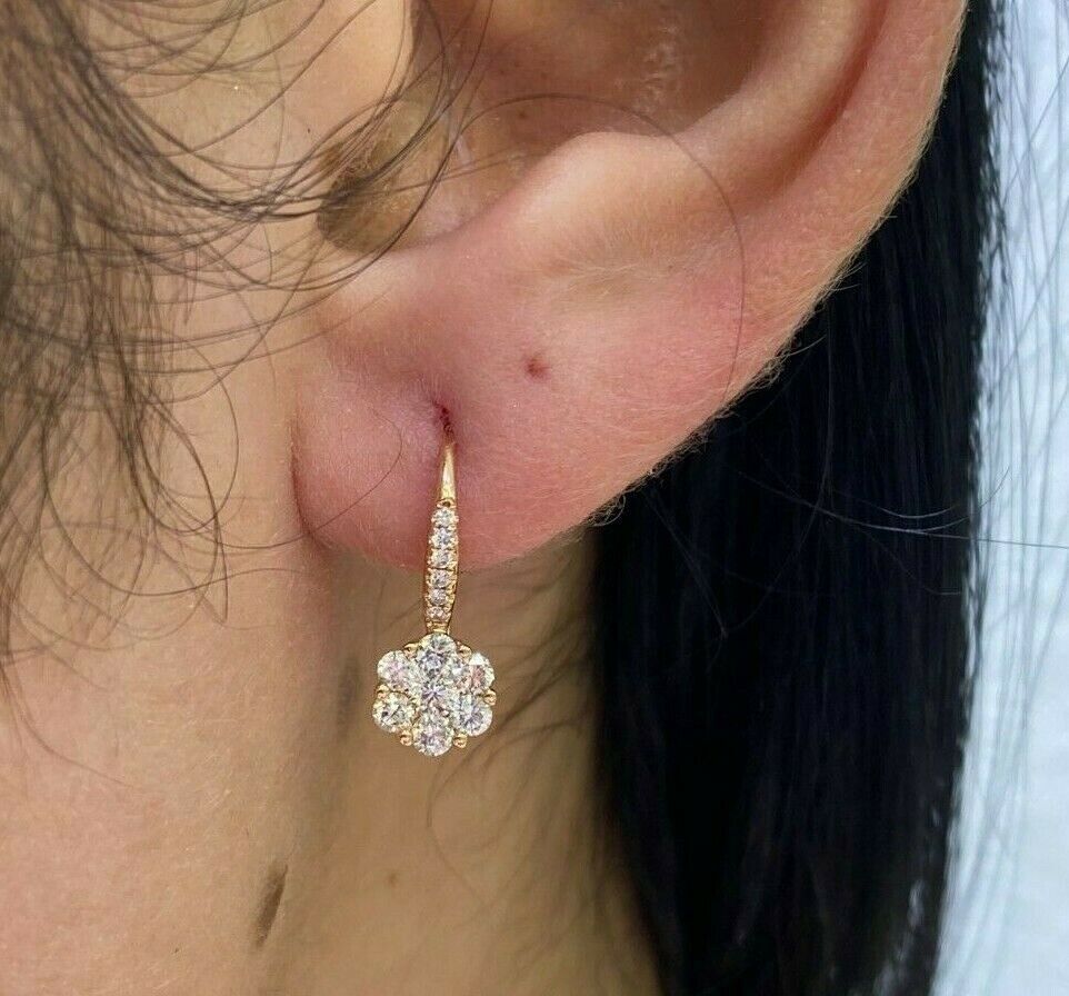 18k Rose Gold 1.00 CT Diamond Cluster Drop Style Earrings, 1.8gm