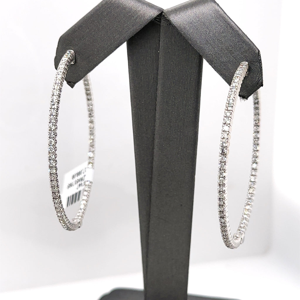 14k White Gold 3.00 CT Diamond Inside Out Hoop Earrings, 12.5gm