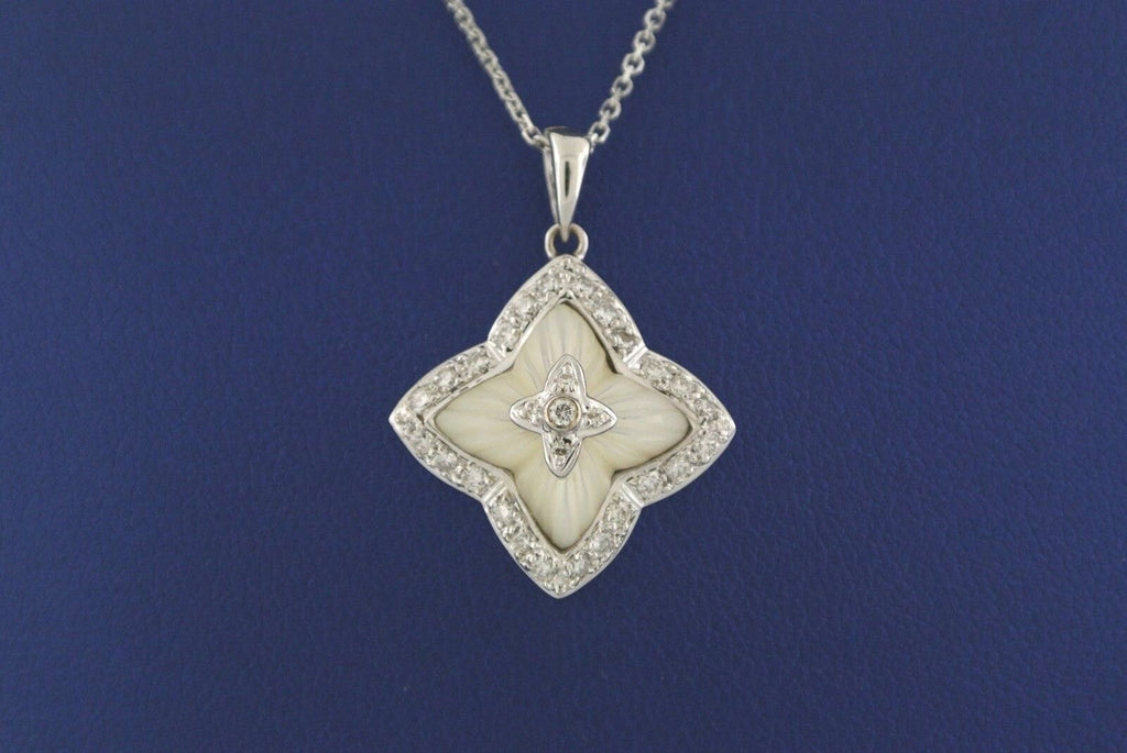 18k White Gold Mother of Pearl & 0.30 CT Diamond Pendant Necklace, 5.7gm,