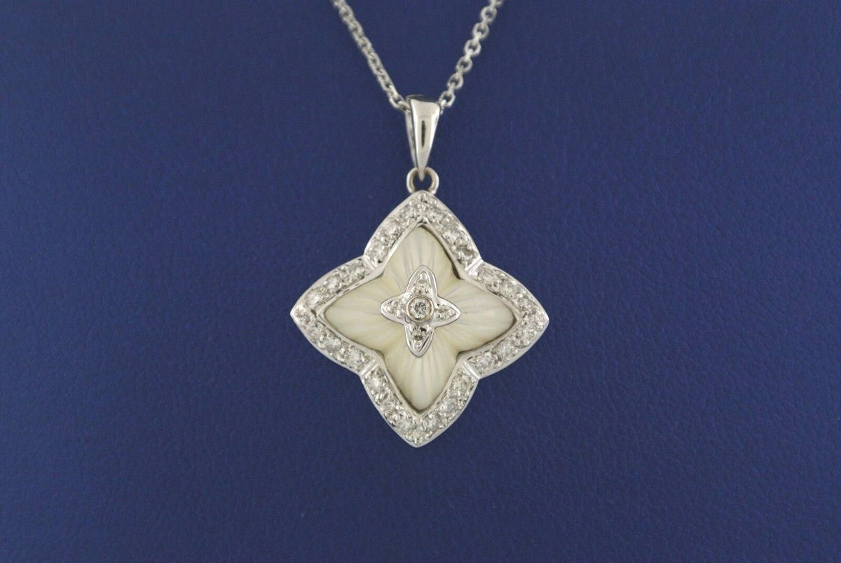 18k White Gold Mother of Pearl & 0.30 CT Diamond Pendant Necklace, 5.7gm,