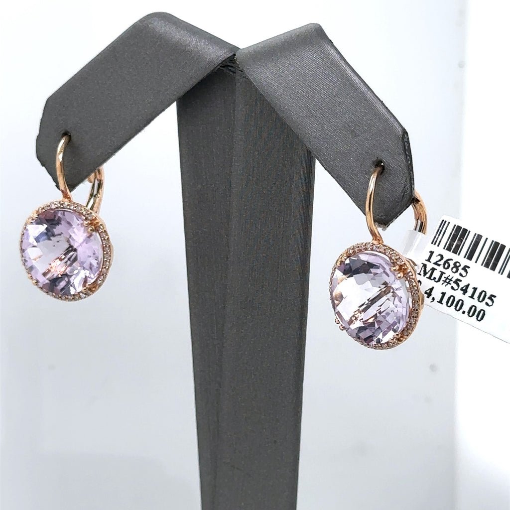 14k Rose Gold 15.00 CT Purple Amethyst & Diamond Earrings, 7gm, S12685