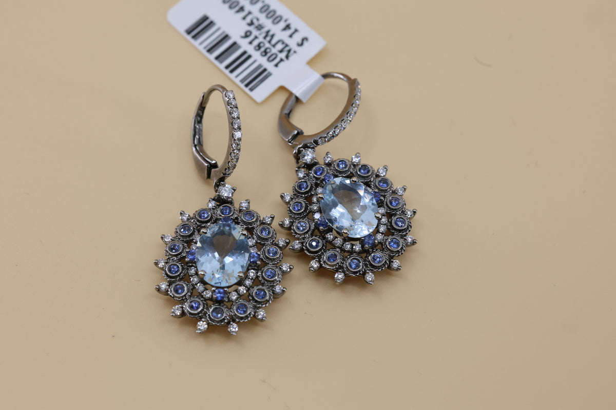 18k White Gold Multi Color Gemstone Drop Earrings, 7.4g, S108816