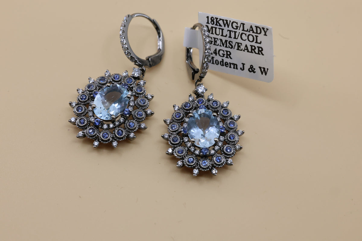 18k White Gold Multi Color Gemstone Drop Earrings, 7.4g, S108816