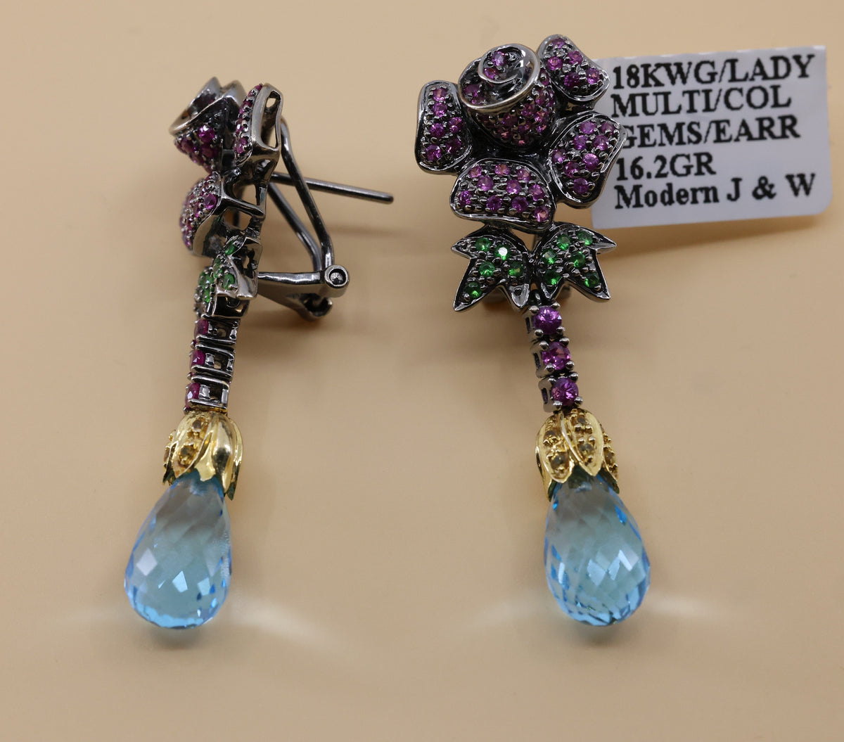 18k White Gold Multi Color Gemstone Drop Earrings, 16.2g, S108815