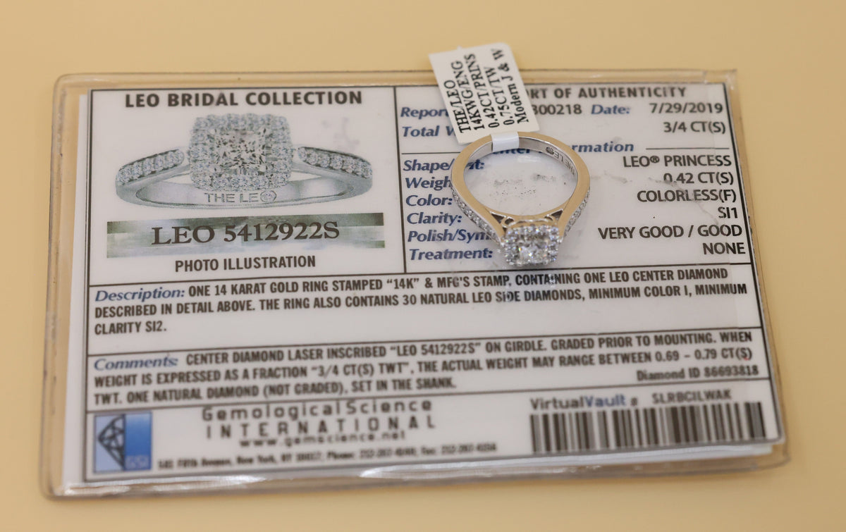 The Leo 14k White Gold 0.42 CT Princess Cut Diamonds Engagement Ring, Size 6, 4.9g, S108859