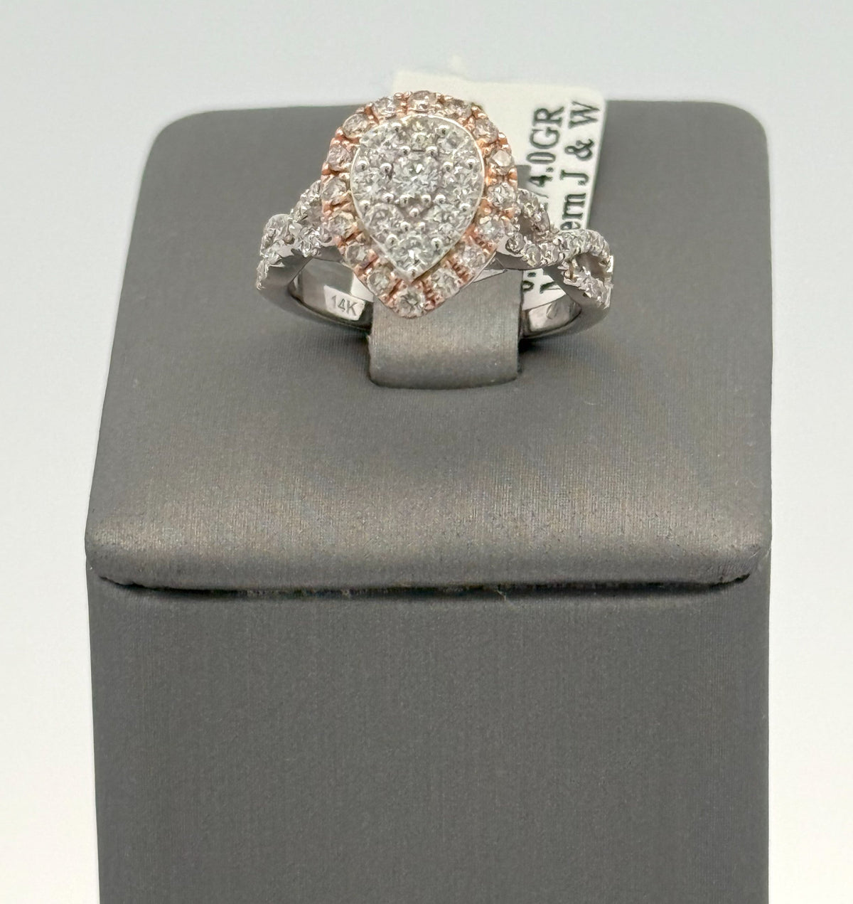 14k White & Rose Gold 0.75Ct Diamond Cluster Pear Shaped Ring 4.0gm,Size 4,5. S108424