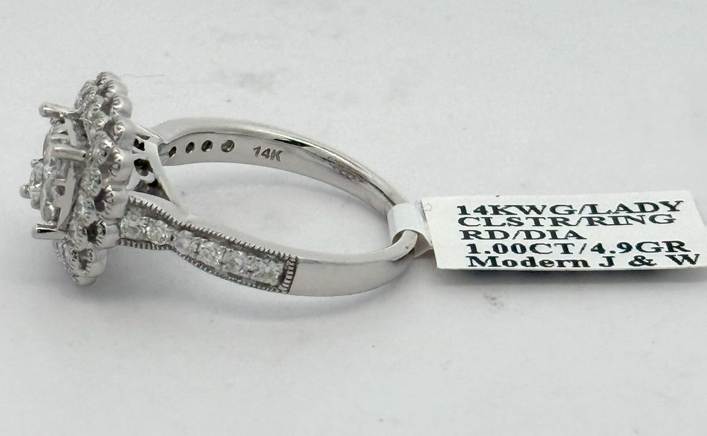 14k White Gold 1.00 CT Diamond Cluster Ring, 4.9g, Size 7, S108423