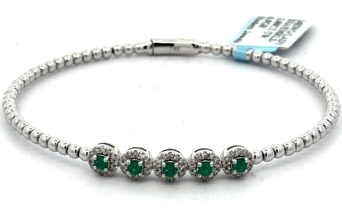 14k White Gold 1.00 CT Diamond & Emerald Bangle Bracelet, 6.9gm, S16616