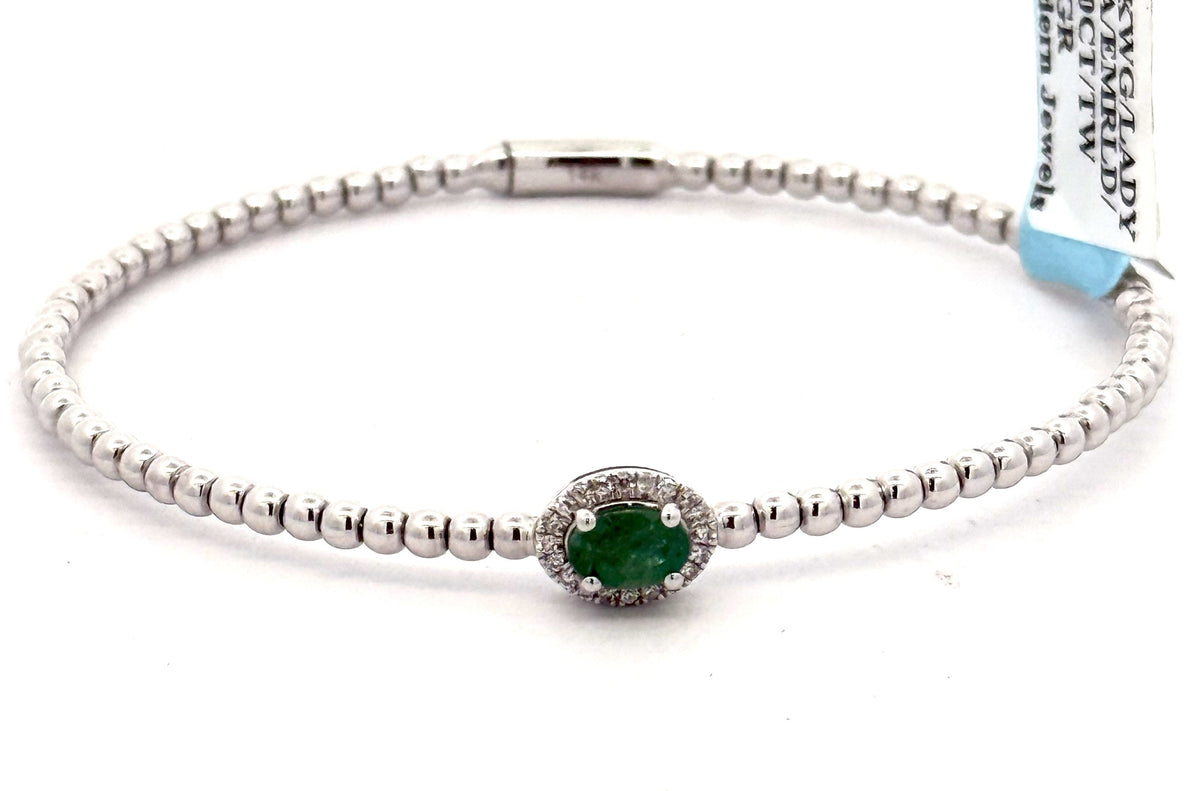 14k White Gold 1.00 CT Diamond & Emerald Bangle Bracelet, 6.1gm, S16614