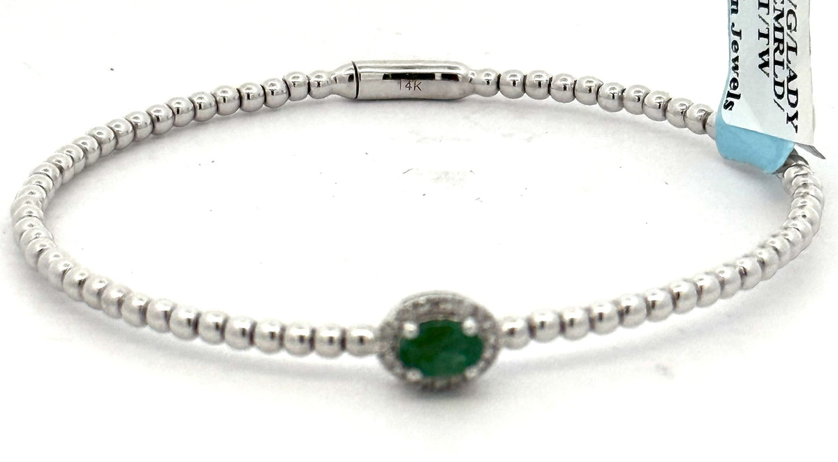 14k White Gold 1.00 CT Diamond & Emerald Bangle Bracelet, 6.1gm, S16614