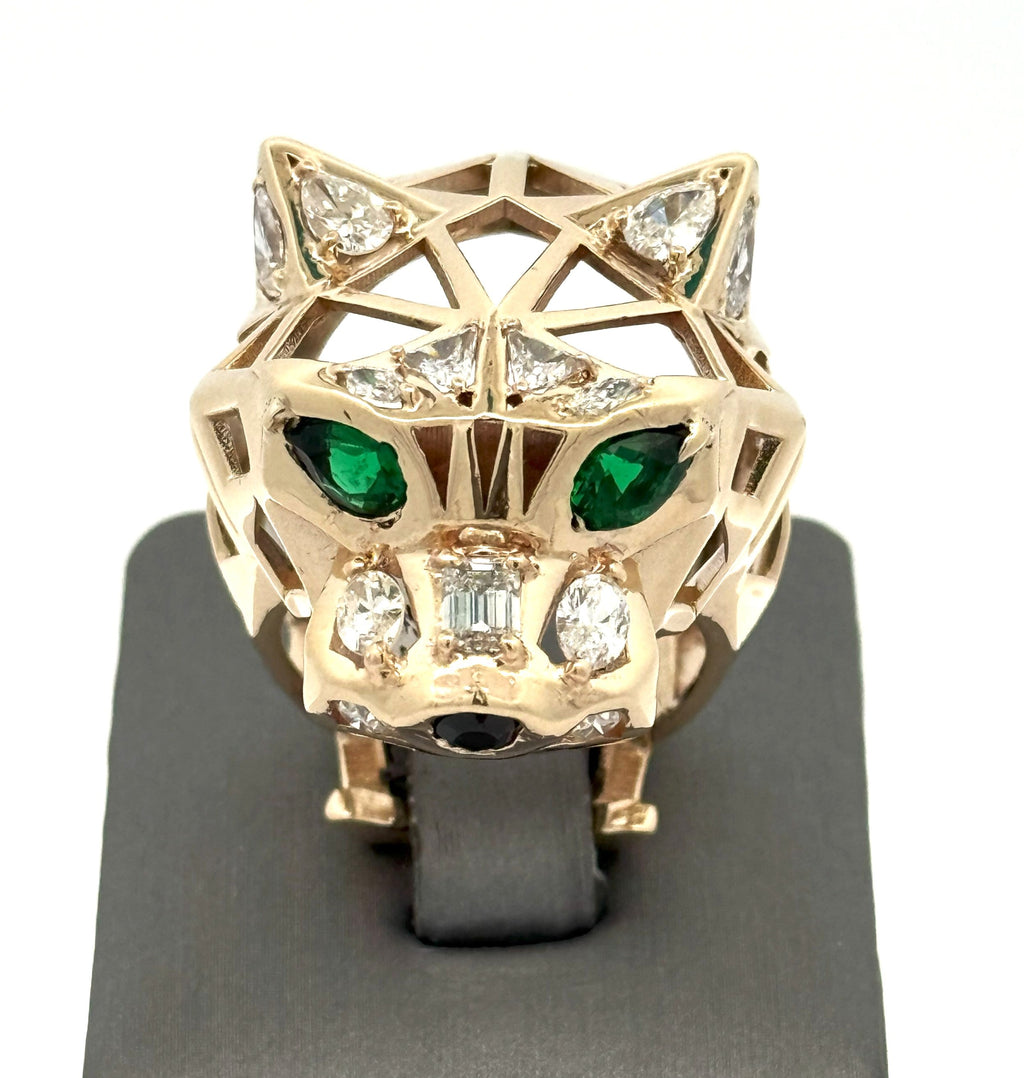 14k Yellow Gold Unisex Ring Panther style with Emerald Eyes and Diamond, S108485