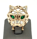 14k Yellow Gold Unisex Ring Panther style with Emerald Eyes and Diamond, S108485