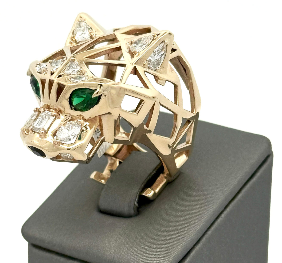 14k Yellow Gold Unisex Ring Panther style with Emerald Eyes and Diamond, S108485