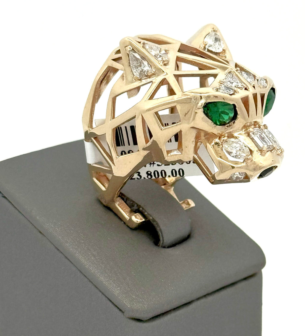 14k Yellow Gold Unisex Ring Panther style with Emerald Eyes and Diamond, S108485
