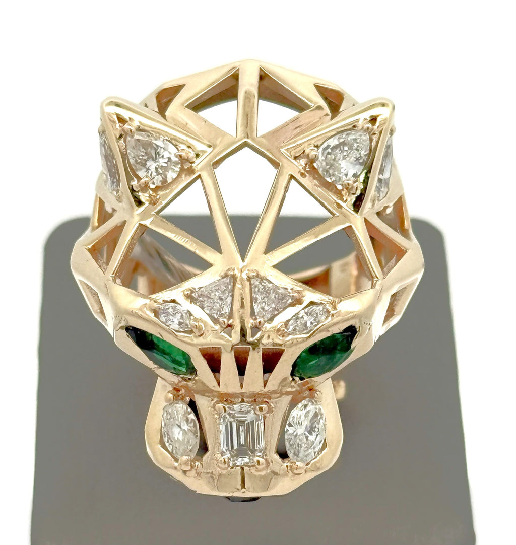 14k Yellow Gold Unisex Ring Panther style with Emerald Eyes and Diamond, S108485