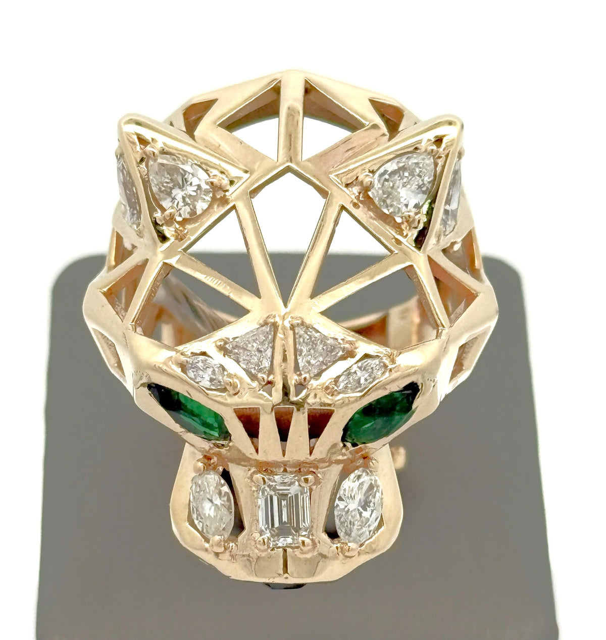 14k Yellow Gold Unisex Ring Panther style with Emerald Eyes and Diamond, S108485