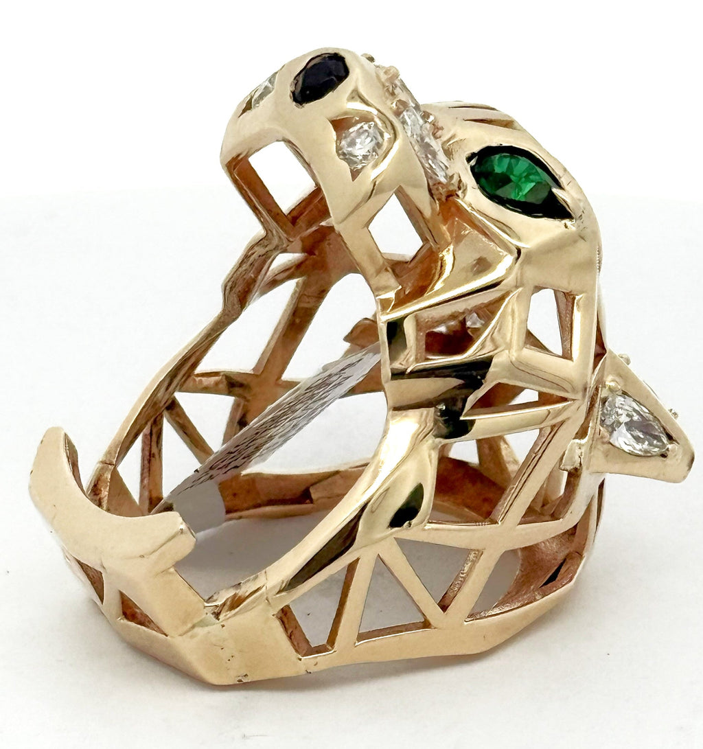 14k Yellow Gold Unisex Ring Panther style with Emerald Eyes and Diamond, S108485