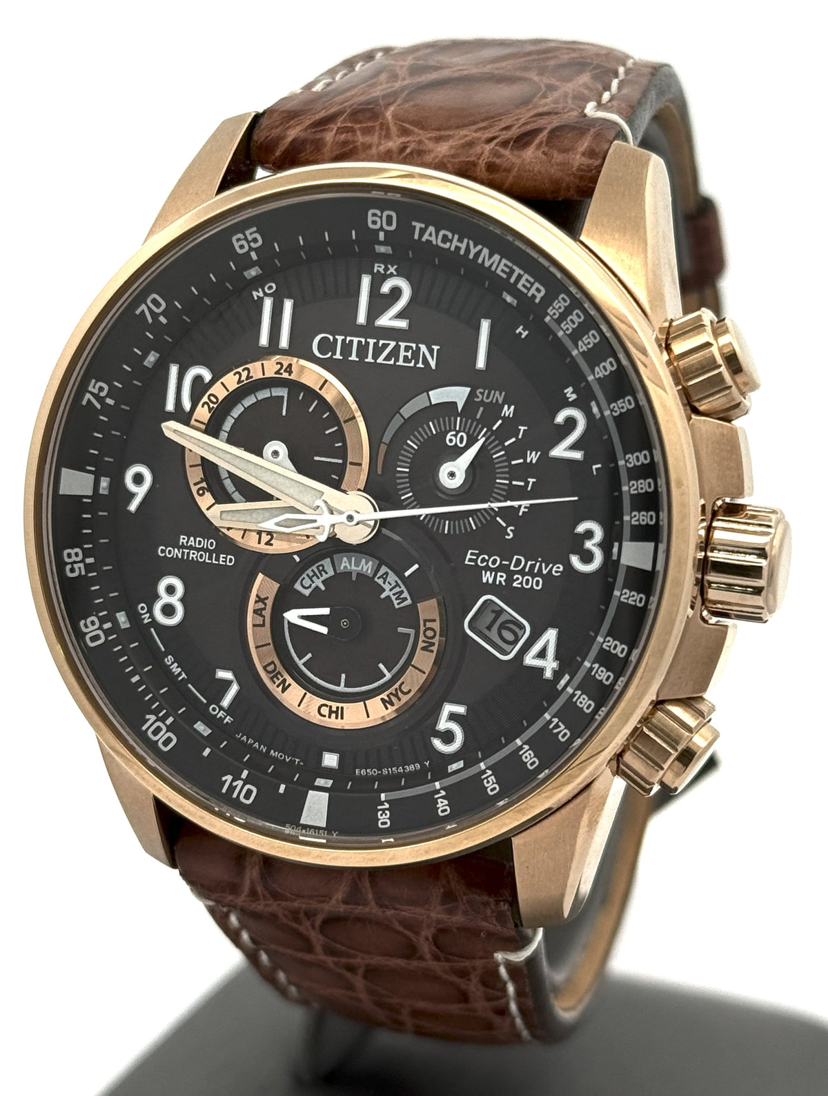 Citizen PCAT Black Dial Eco-Drive Rose Plated Steel 44mm Watch, AT4133-09E