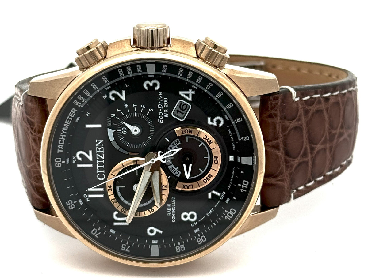 Citizen PCAT Black Dial Eco-Drive Rose Plated Steel 44mm Watch, AT4133-09E