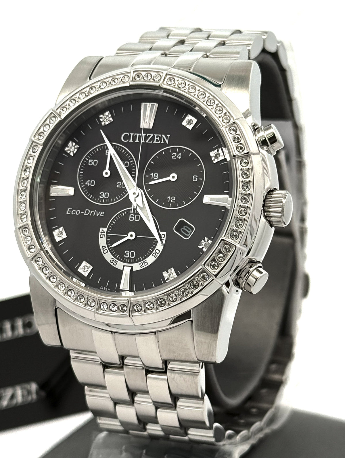 Citizen Crystal Black Dial 42mm Stainless Steel Watch, AT2450-58E