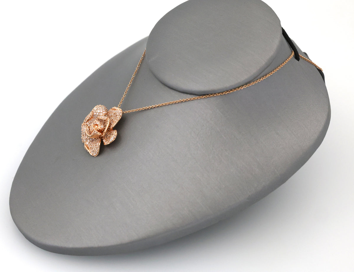 0.75CTW Diamond Rose Flower Pendant Necklace 14K Rose Gold 18" Cable Chain