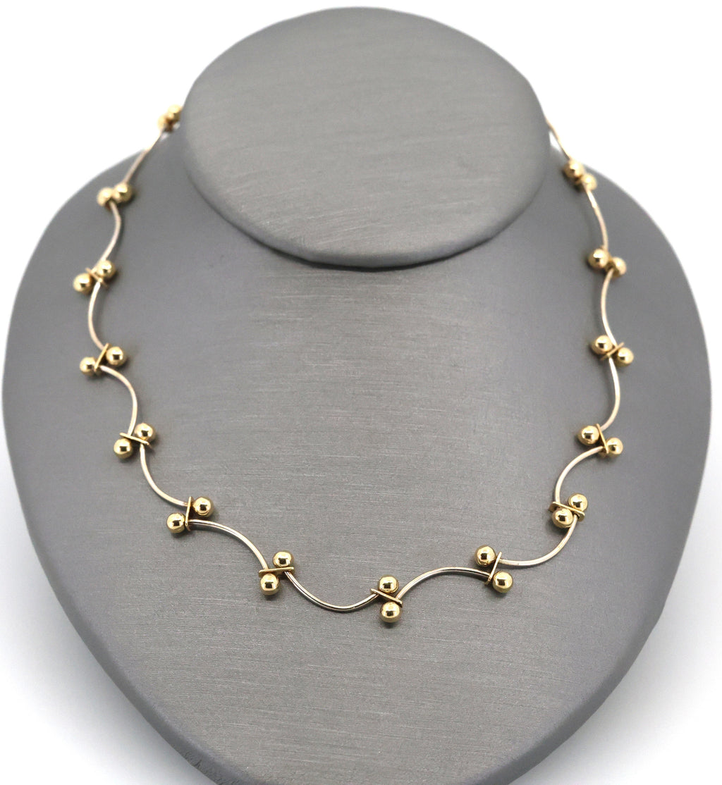 Vintage 14K White & Yellow Gold Curved Ball Link Chain Necklace 15.5",7.9g, S