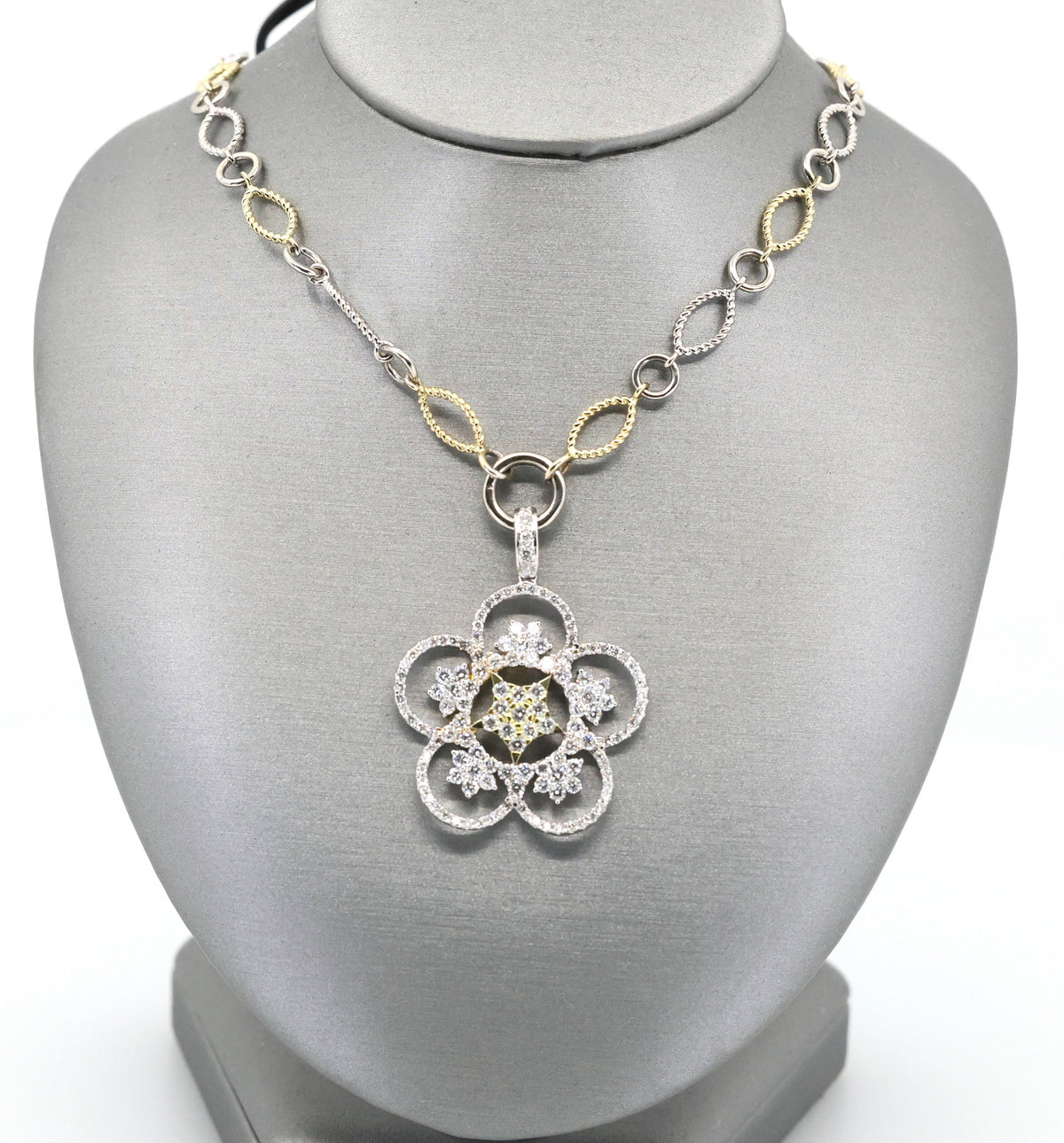 14k White & Yellow Gold Flower Diamond Pendant Necklace, 22.8g