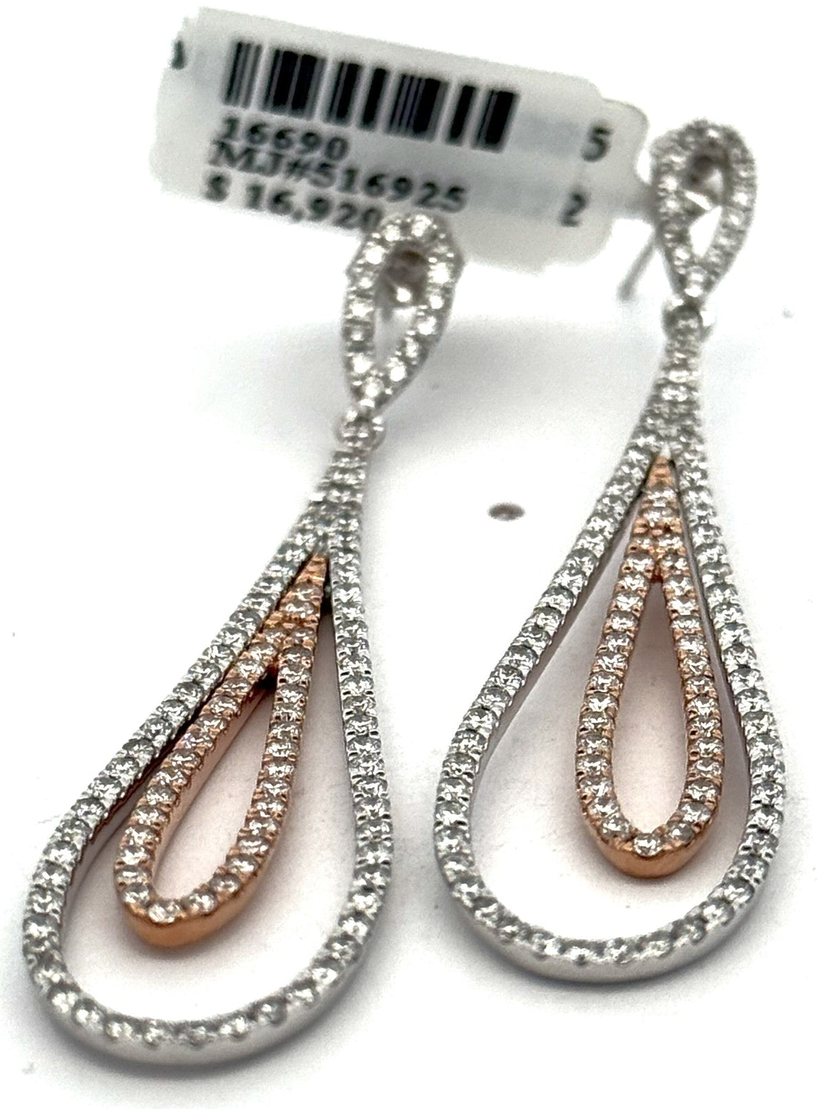 14k White & Rose Gold 2.25 CT Diamond Drop Style Earrings, 7.8g, S16690