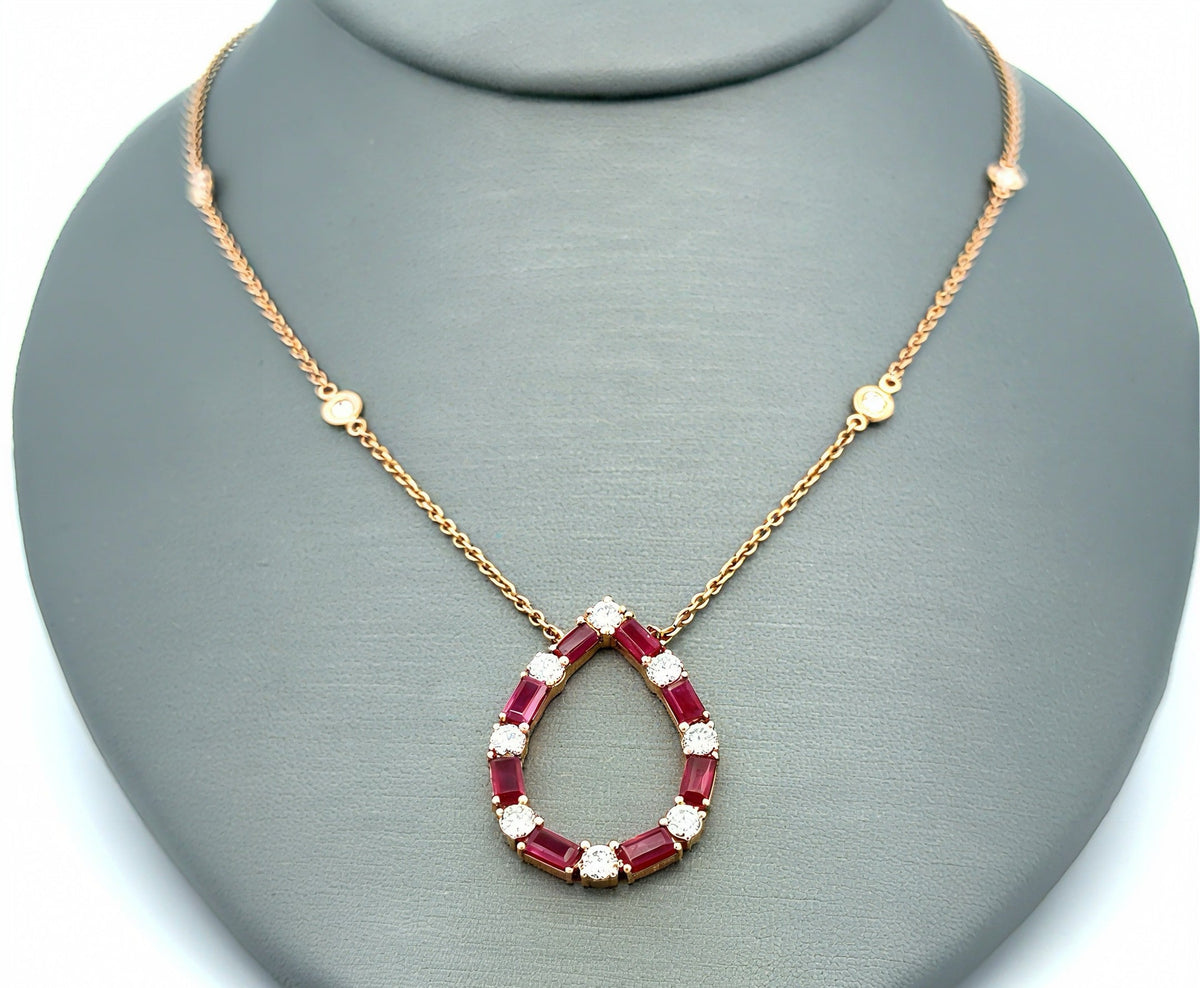 14k Rose Gold 2.00Ct Diamond & Ruby Pear-Shaped Pendant, 18", 4.3g, S16739