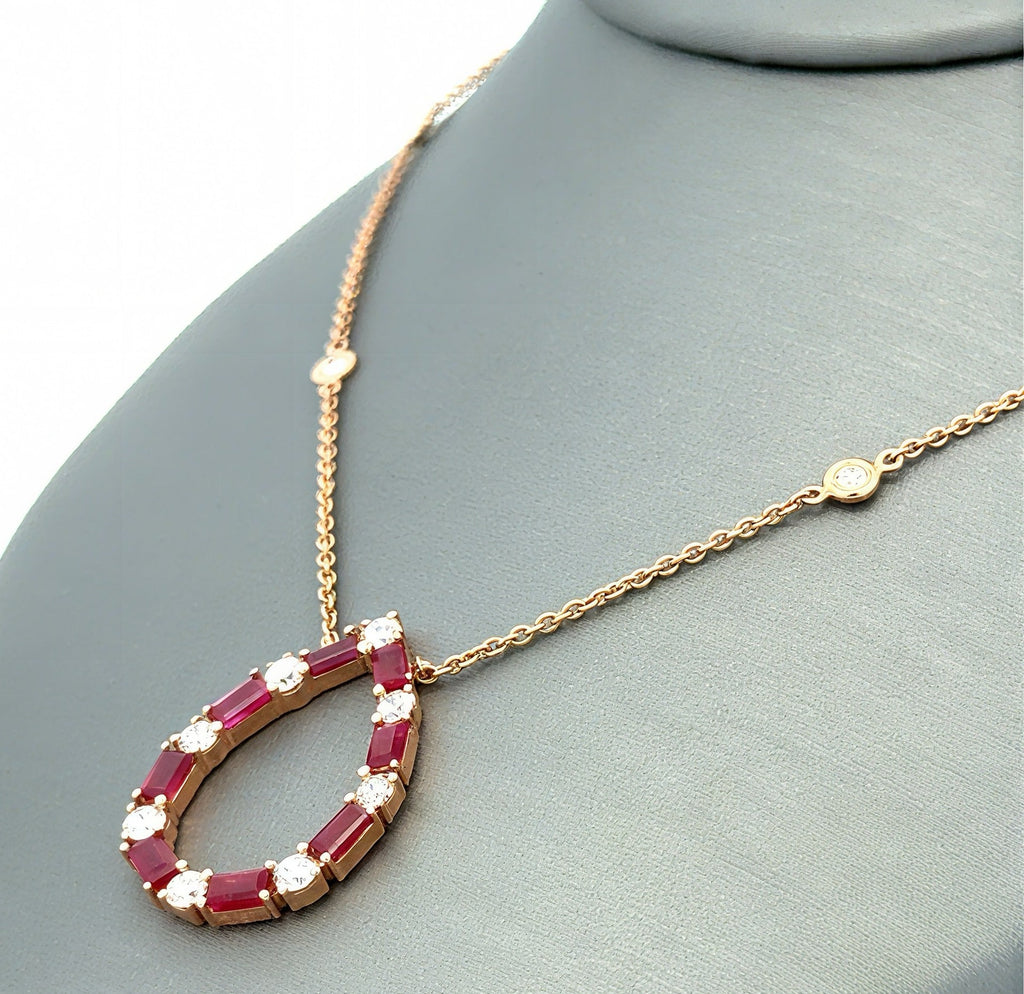14k Rose Gold 2.00Ct Diamond & Ruby Pear-Shaped Pendant, 18", 4.3g, S16739