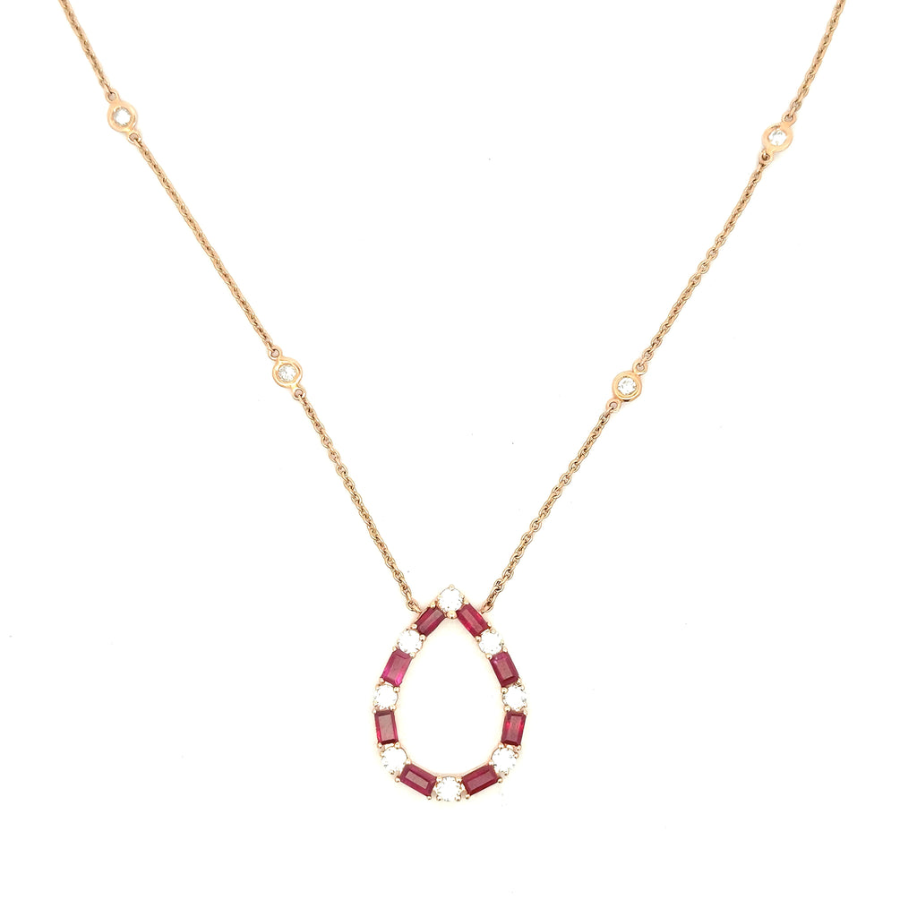 14k Rose Gold 2.00Ct Diamond & Ruby Pear-Shaped Pendant, 18", 4.3g, S16739