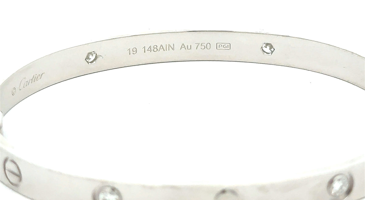Authentic Cartier Solid 18k White Gold Diamond Bangle Bracelet, Size 19