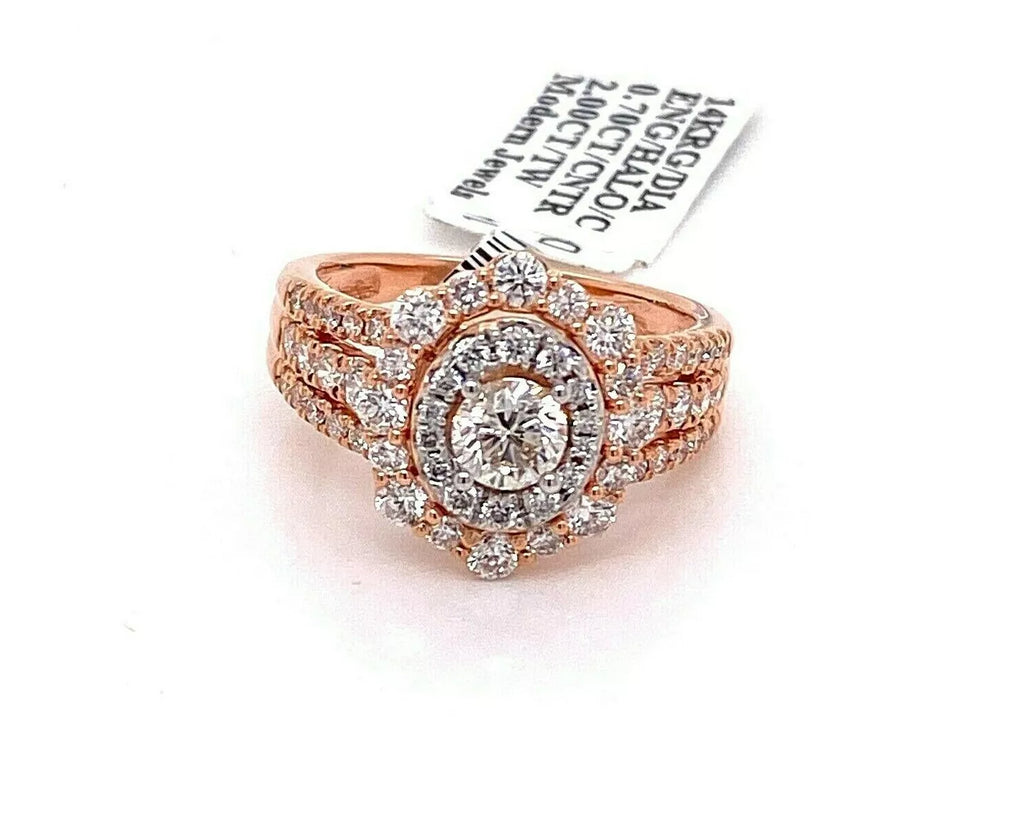 14k Rose Gold 1.50 Ct Diamond Halo Engagement Ring, 5.6gm, Size 7.25, S14475
