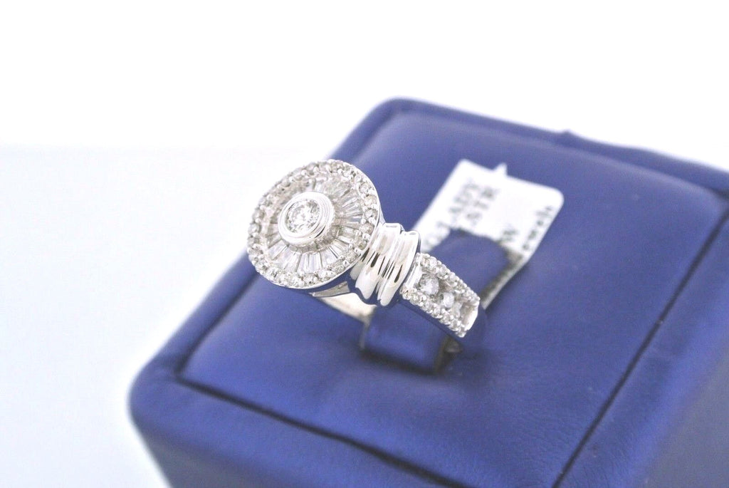 14k White Gold 1.00 CT Round & Baguette Diamond Cluster Engagement Ring