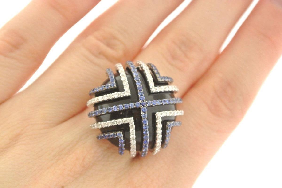 18k White Gold 2.50 CT Sapphire Diamond Onyx Ladies Ring 16.8gm Size 6.5