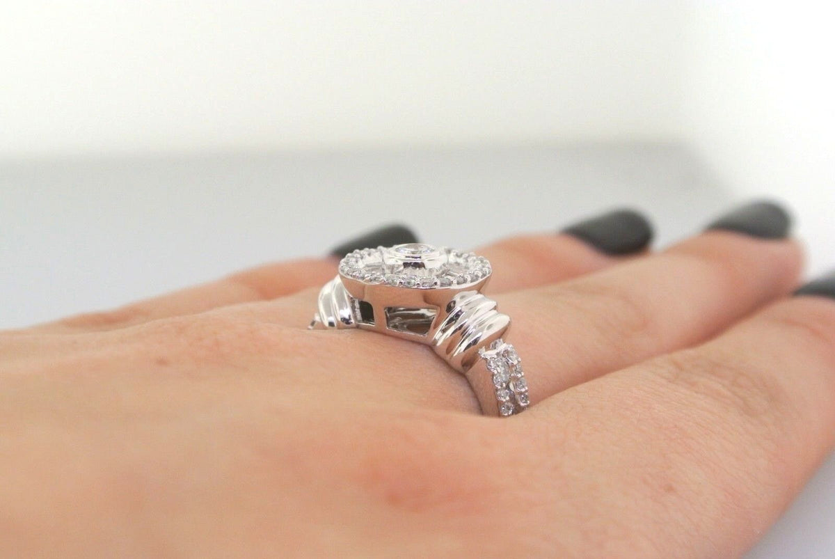 14k White Gold 1.00 CT Round & Baguette Diamond Cluster Engagement Ring