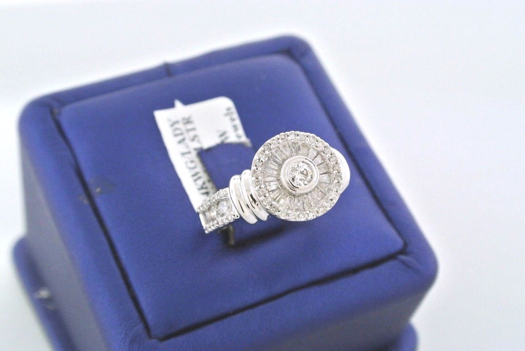 14k White Gold 1.00 CT Round & Baguette Diamond Cluster Engagement Ring